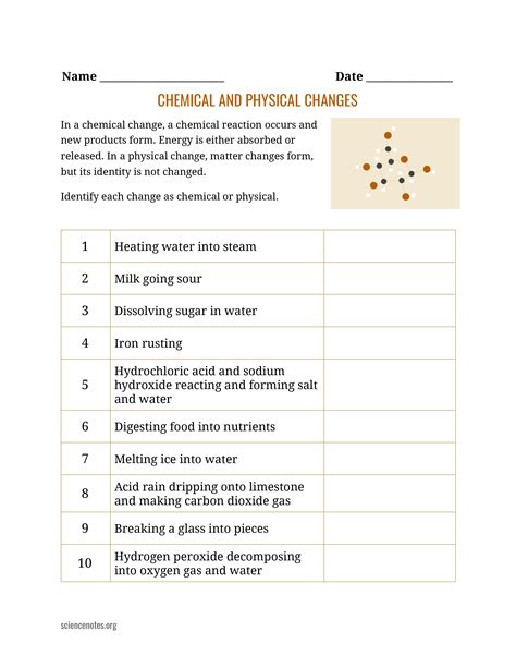 chemical and physical changes worksheet answer key